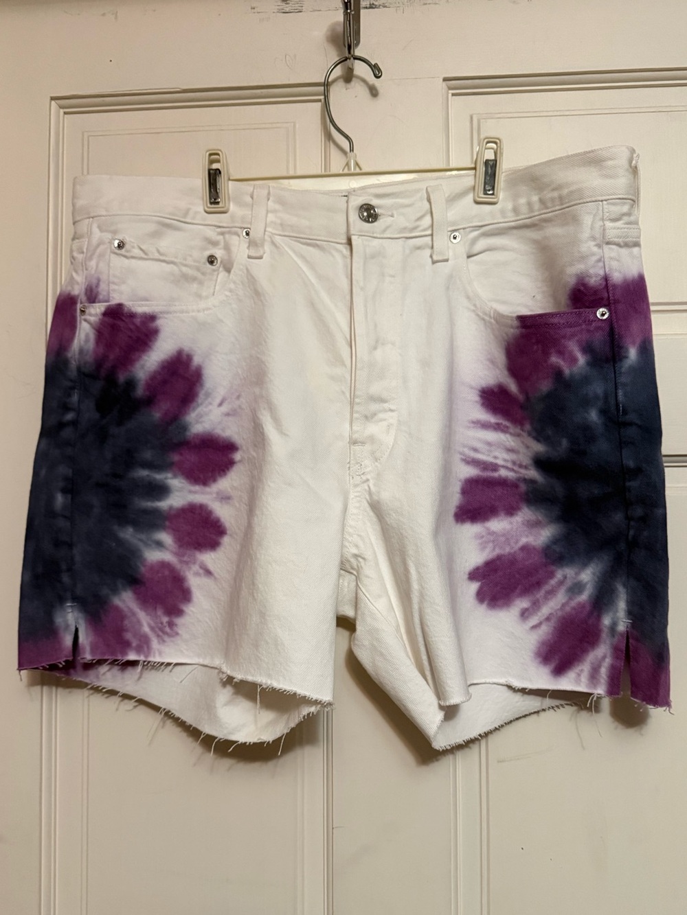 Edwin Cai 7” White Denim Shorts with Tie-Dye Detailing